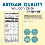 Nutrition facts and ingredients label for artisan pasta with key selling points highlighted.