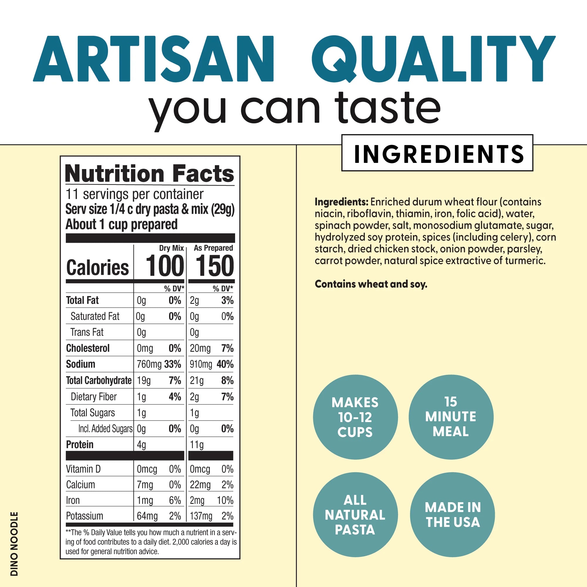 Nutrition facts and ingredients label for artisan pasta with key selling points highlighted.