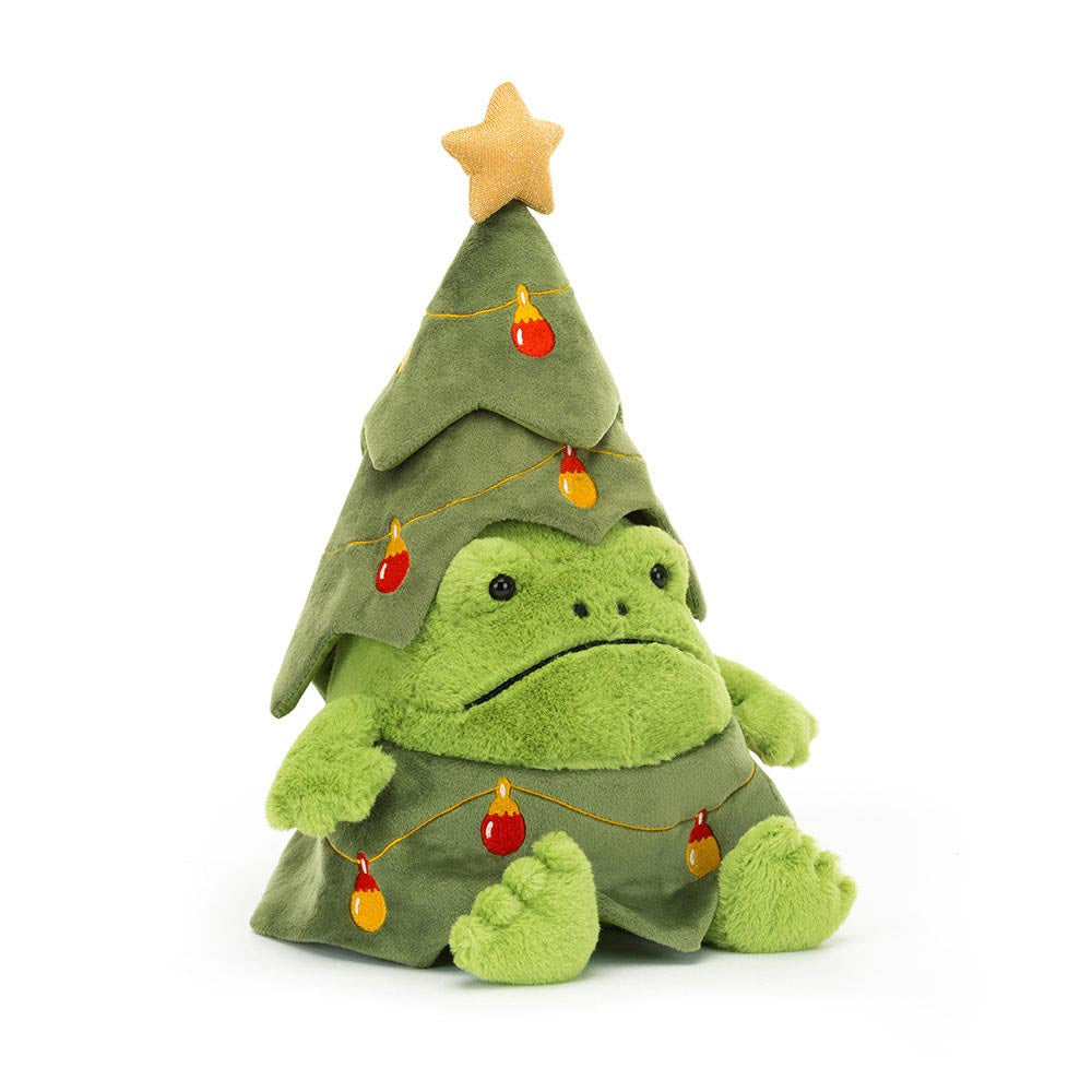 Plush toy frog with a grumpy face dressed as a Christmas tree with lights and a star on a white background