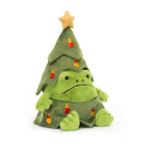 Plush toy frog with a grumpy face dressed as a Christmas tree with lights and a star on a white background