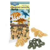 Picture of Dinosaur Noodle soup in Packaging on a white background with a few dino shaped noodles