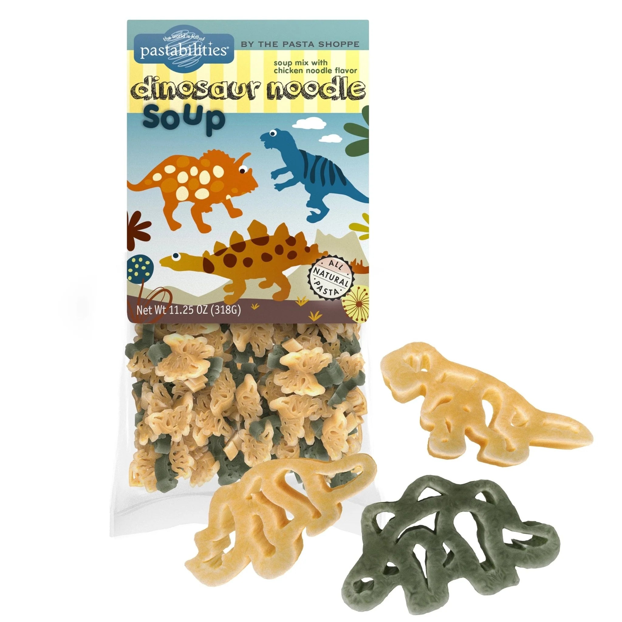 Picture of Dinosaur Noodle soup in Packaging on a white background with a few dino shaped noodles