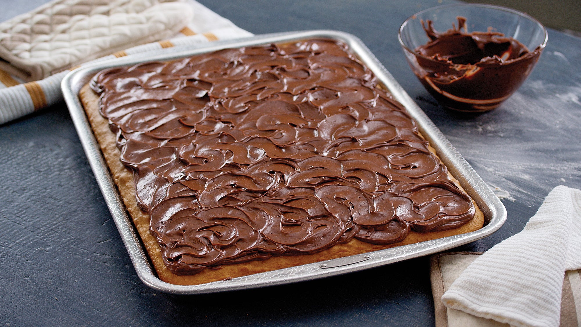 Doughmakers Sheet Cake Pan with sheet cake in it