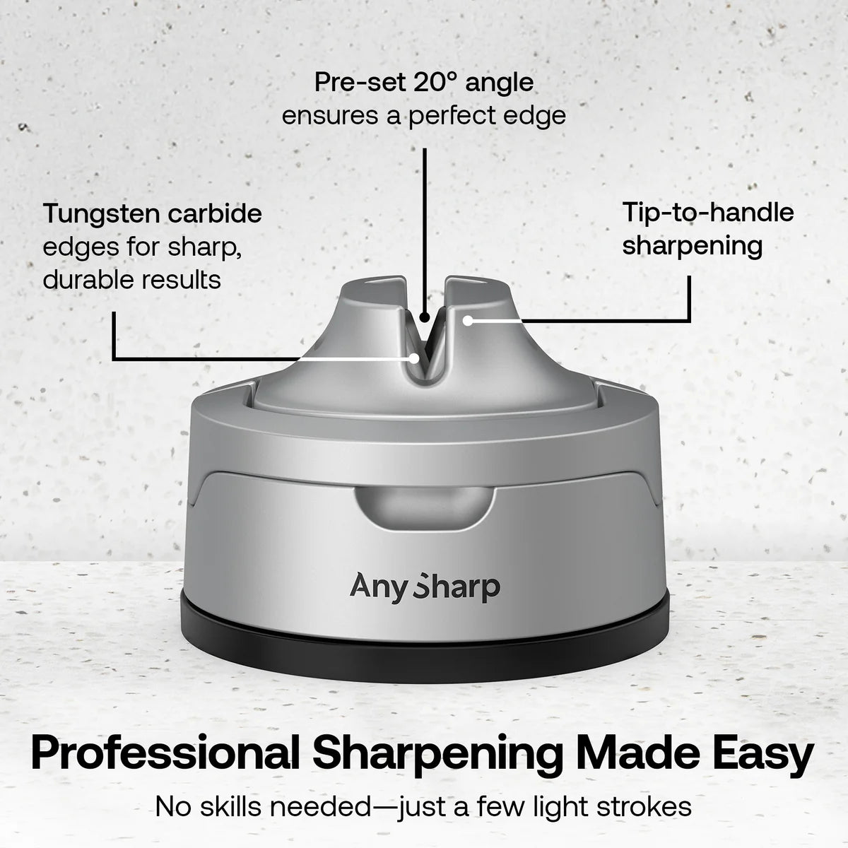 Any Sharp Pro with pre set angle of 20 degrees, tungsten carbide and tip to handle sharpening