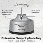 Any Sharp Pro with pre set angle of 20 degrees, tungsten carbide and tip to handle sharpening