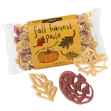 Fall Harvest Pasta packaging with leaves and pumpkin shaped pasta