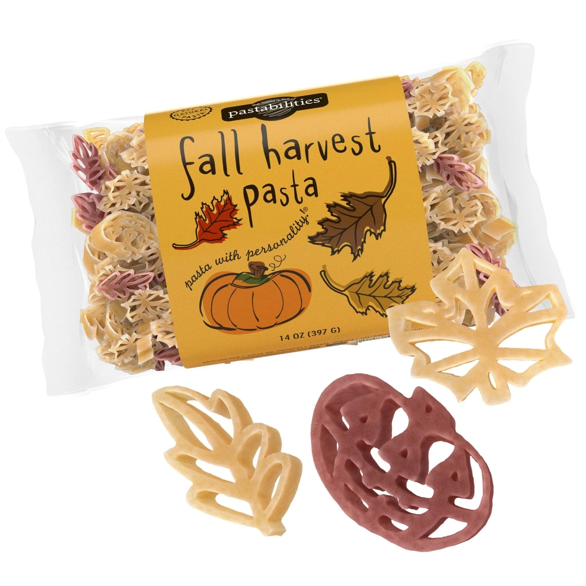 Fall Harvest Pasta packaging with leaves and pumpkin shaped pasta