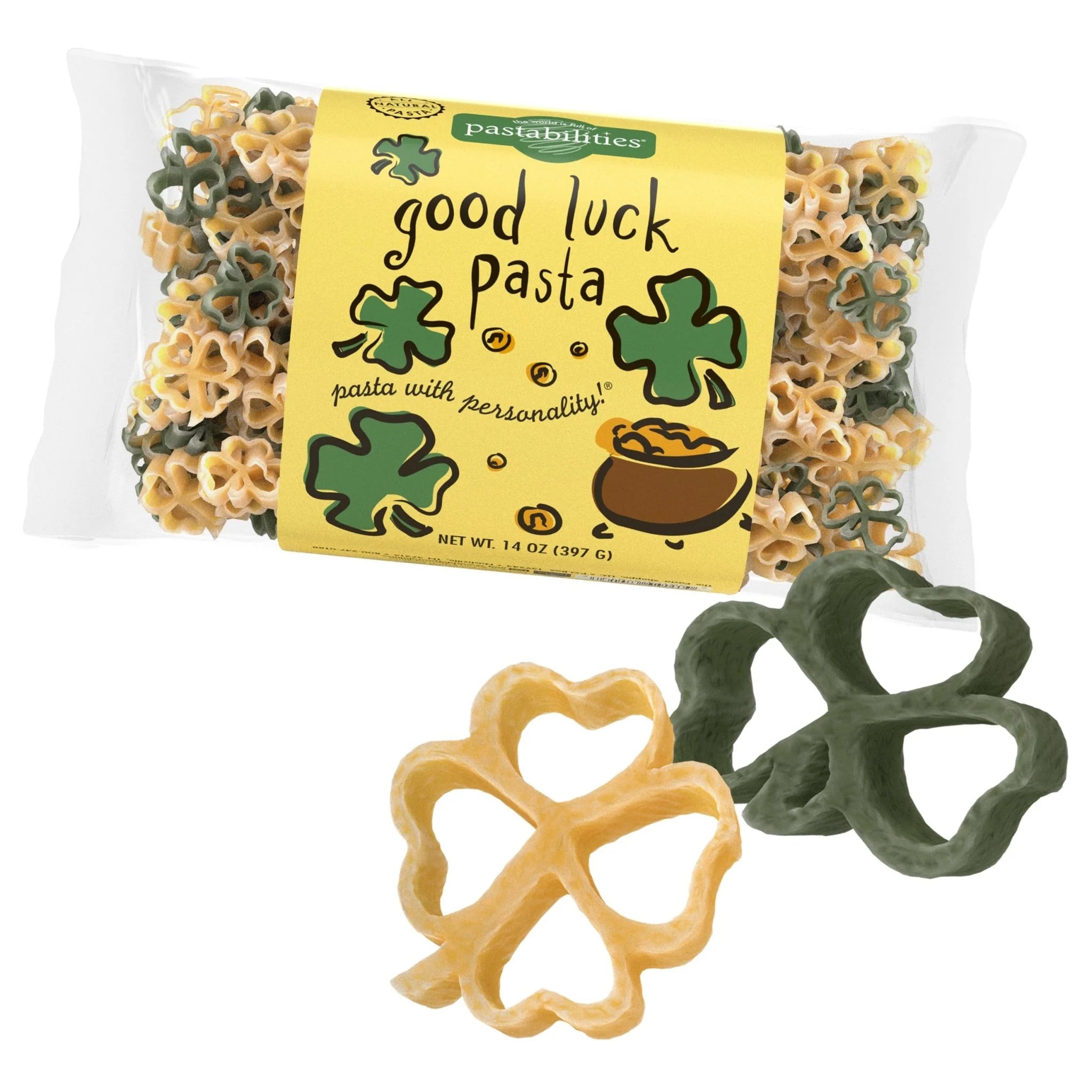Good Luck Pasta packaging with 2 shamrock shaped noodles on a white background