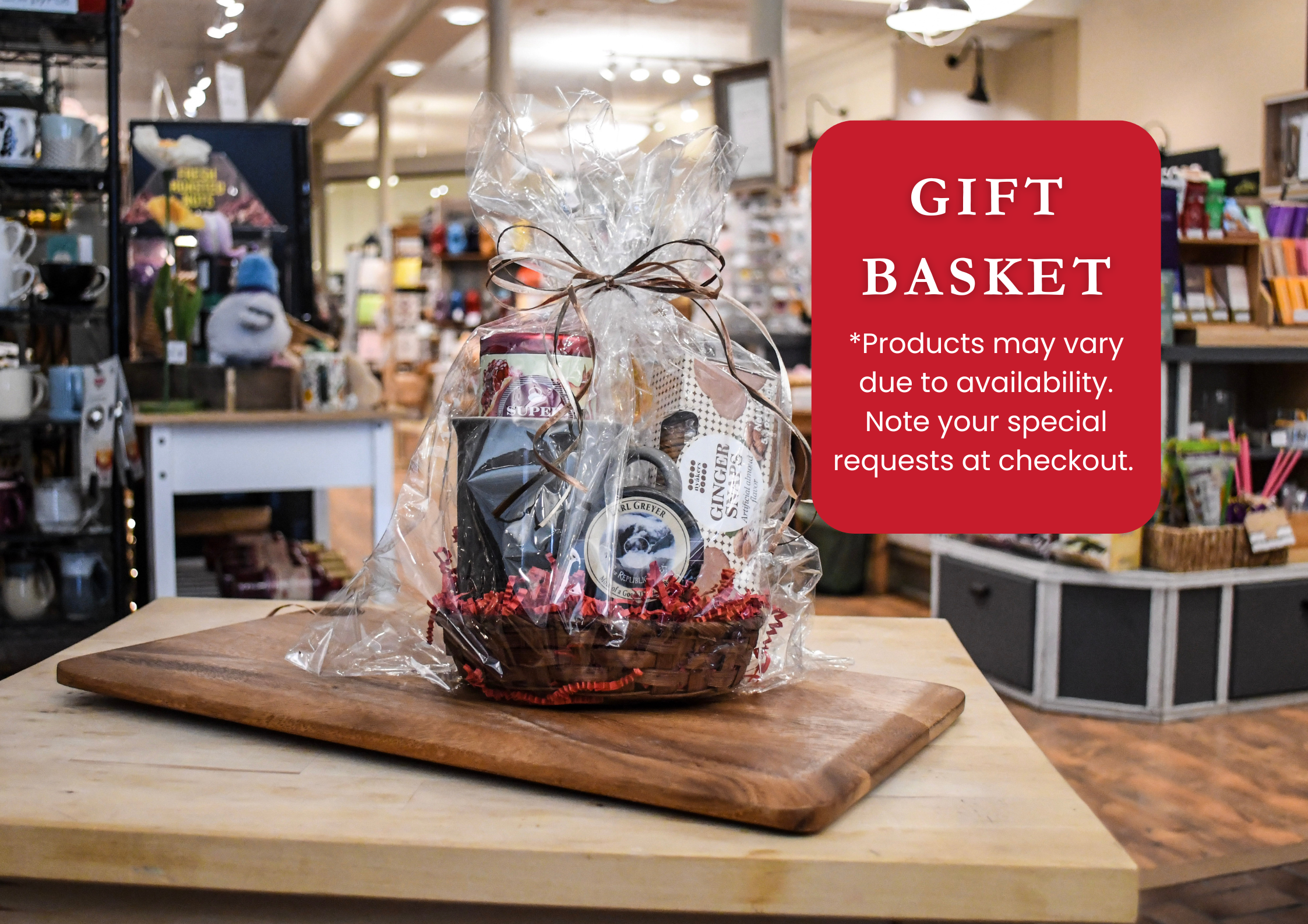 Gift basket on a wooden cutting board with a store setting in the background