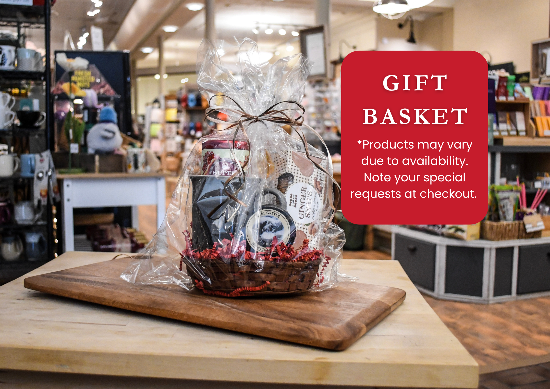 Gift basket on a wooden cutting board with a store setting in the background