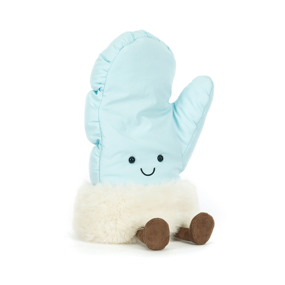 Blue plush mitten with a happy face on a white background