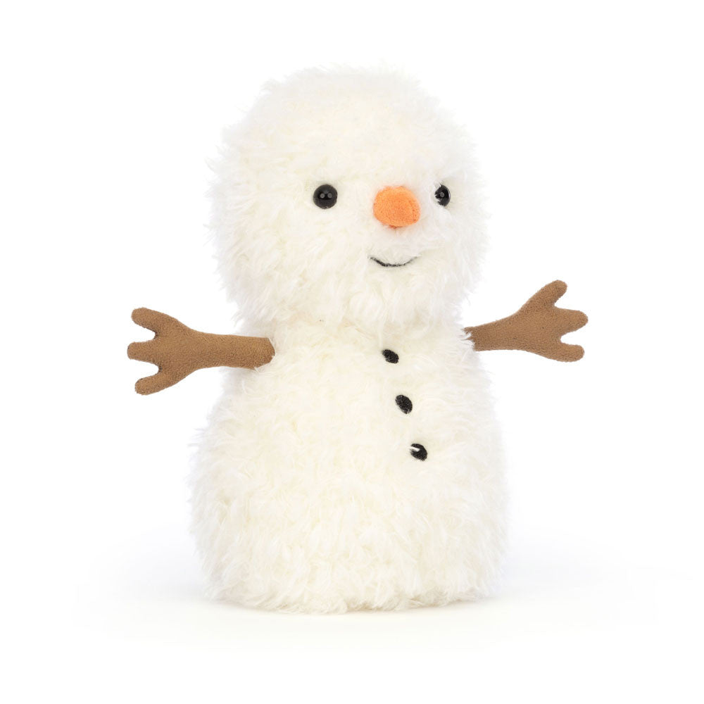 Plush snowman with a white body, black buttons, an orange carrot nose, and brown arms on a white background.