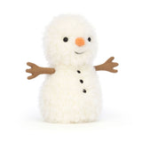 Plush snowman with a white body, black buttons, an orange carrot nose, and brown arms on a white background.