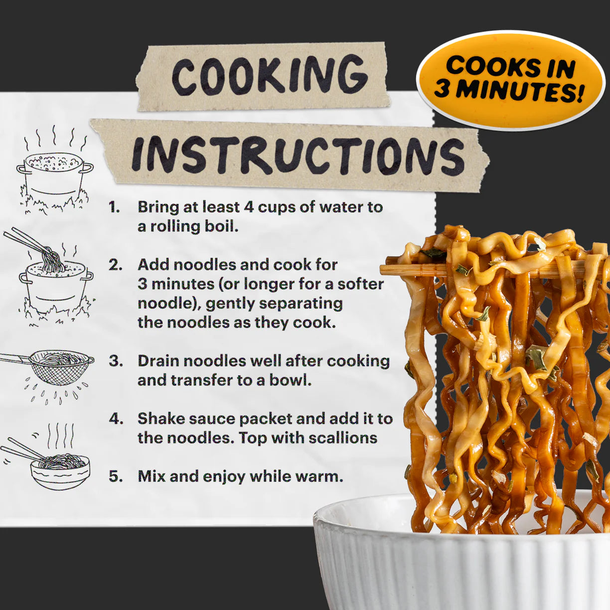 Cooking instructions for noodles with a bowl of noodles and text overlay on a black background.