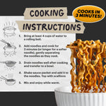 Cooking instructions for noodles with a bowl of noodles and text overlay on a black background.