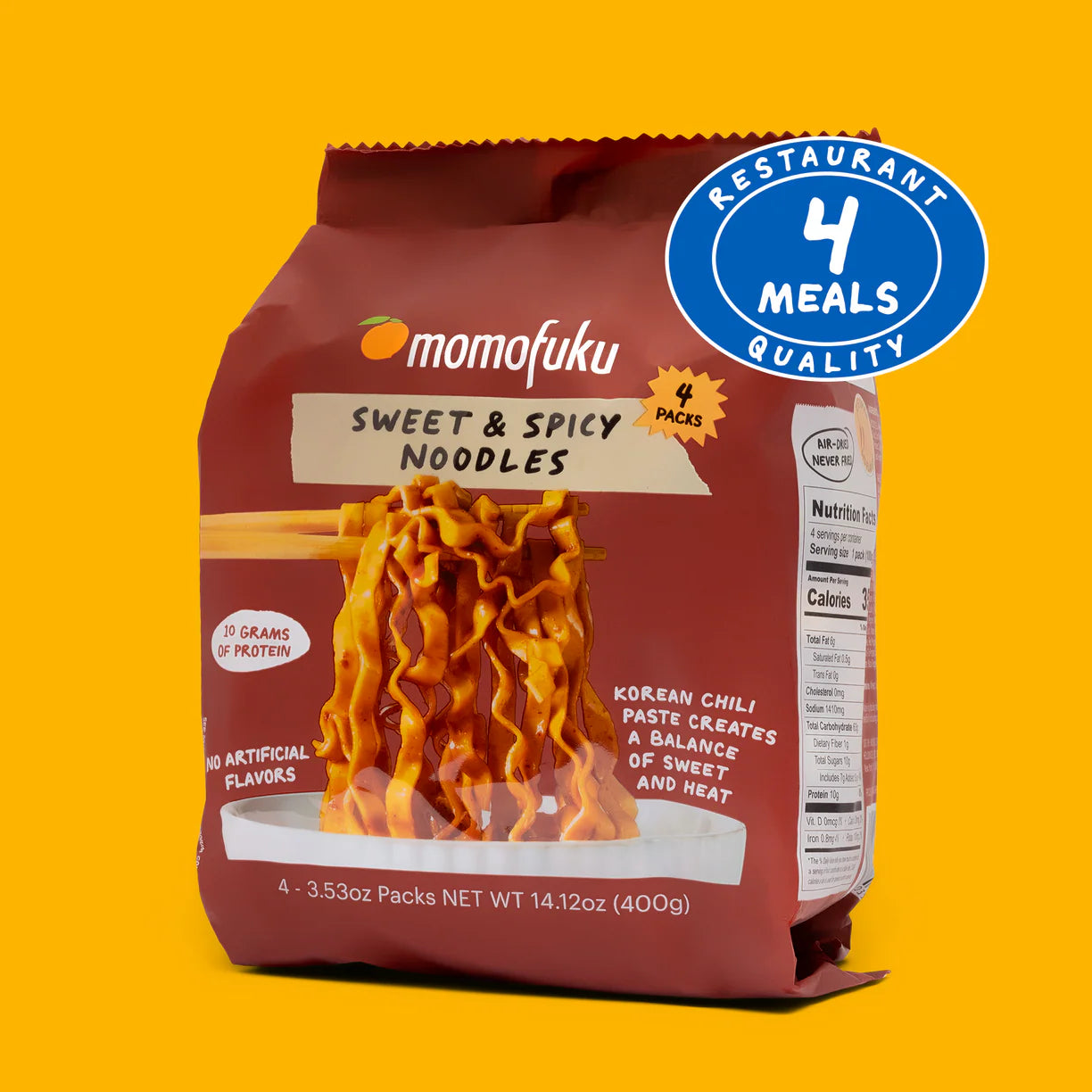 Momofuku Sweet and Spicy Noodles in package with badge that says 4 Restaurant Quality Meals