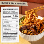 Bowl of sweet and spicy noodles with nutrition facts label on the side