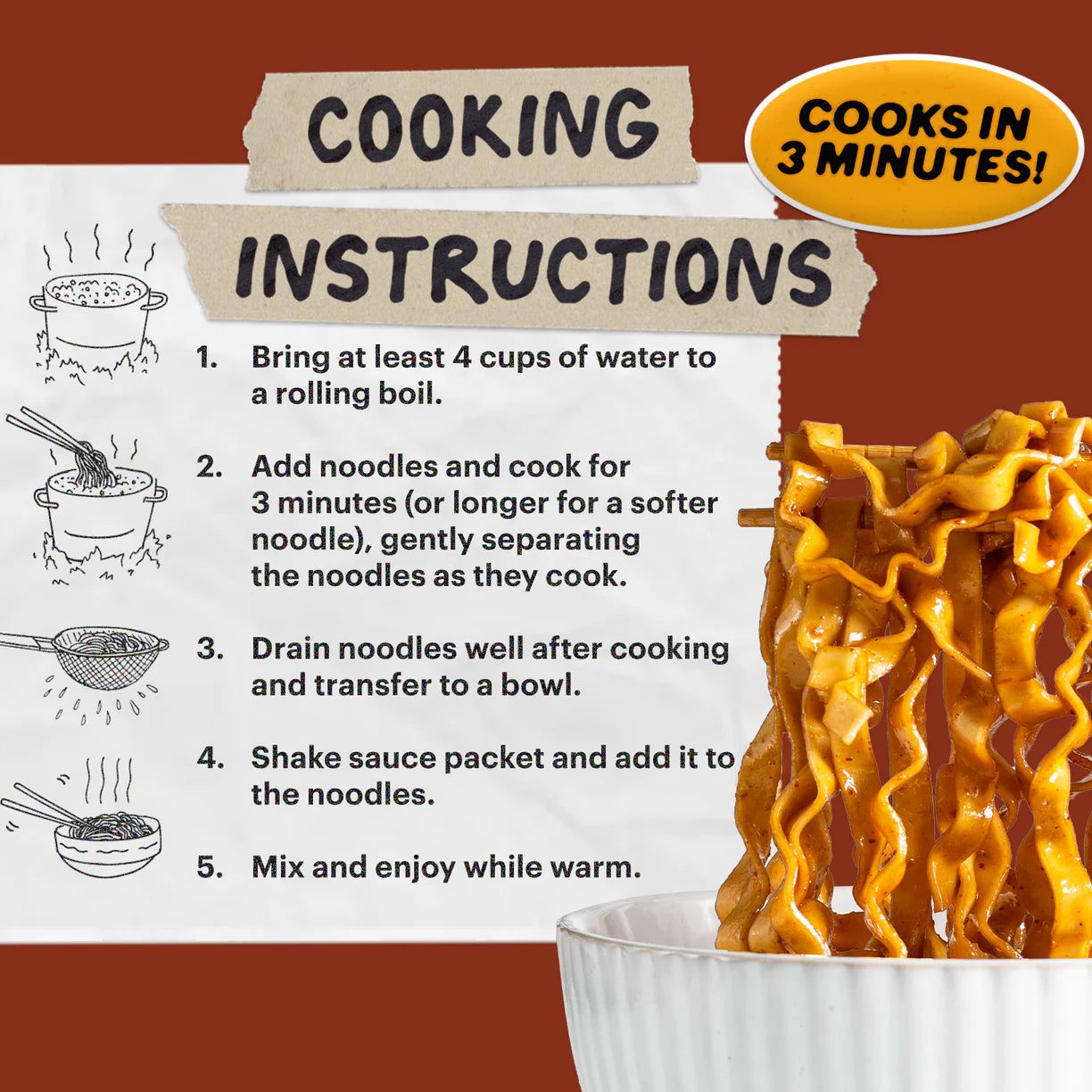 Cooking instructions for noodles with a bowl of noodles and sauce on a brown background