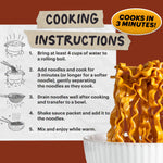 Cooking instructions for noodles with a bowl of noodles and sauce on a brown background