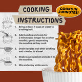 Cooking instructions for noodles with a bowl of noodles and sauce on a brown background
