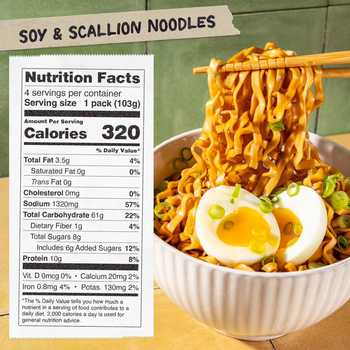 Bowl of soy and scallion noodles with chopsticks, nutrition facts label on the side.