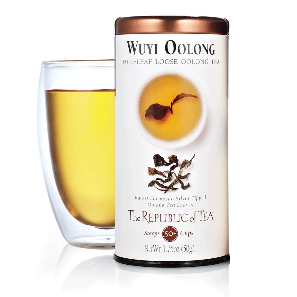 Republic of Tea Wuyi Oolong Full Leaf with cup of tea