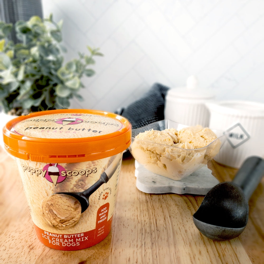 Puppy Cake Scoops Peanut Butter Ice Cream Mix Packaging and picture of two scoops of the ice cream made up