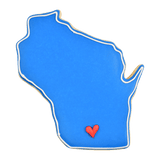 Wisconsin shaped cookie with blue frosting and red heart