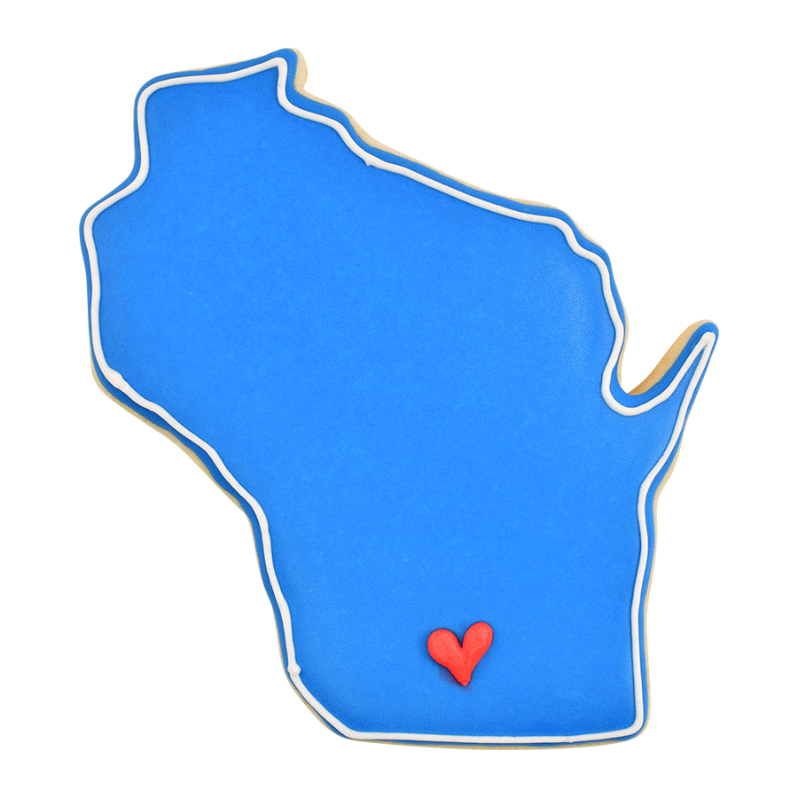 Wisconsin shaped cookie with blue frosting and red heart