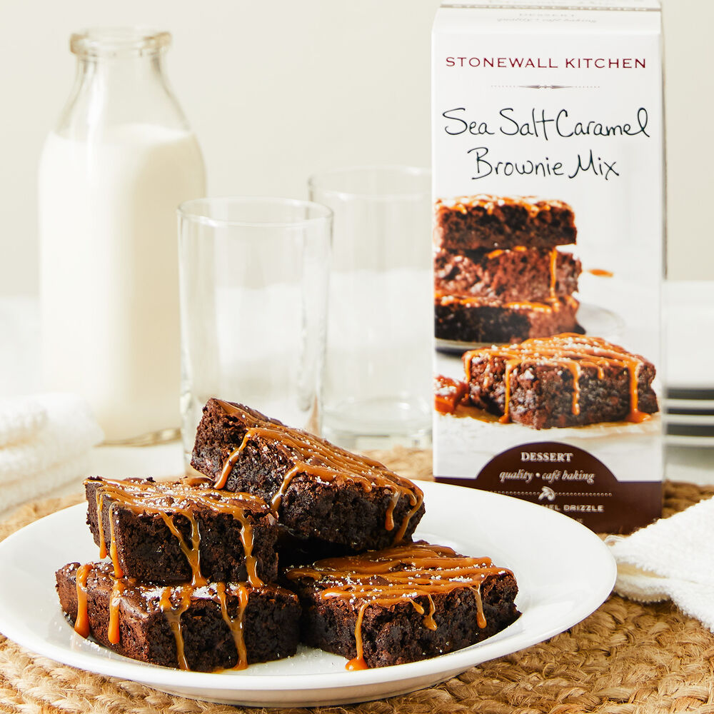Stonewall Kitchen Brownie Sea Salt Caramel Mix made into brownies with milk