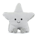 Star-shaped plush toy with a smiley face on a white background