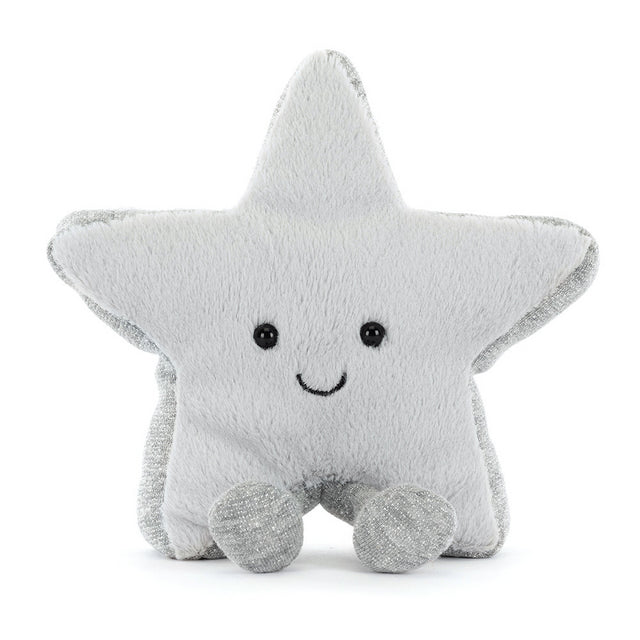 Star-shaped plush toy with a smiley face on a white background