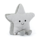 Gray star-shaped plush toy with a smiling face on a white background