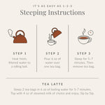 Steeping instructions: heat fresh water to a rolling boil, pour six ounces of water over one tea bag, steep for 5-7 minutes and remove tea bag.