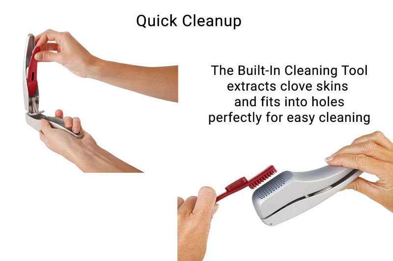 Zyliss Susi 3 Garlic Press- caption reads, " Quick Cleanup-The built-in cleaning tool extracts clove skins and fits into holes perfectly for easy cleaning."