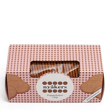 Nyäkers pepparkakor packaging with a clear window on a white background