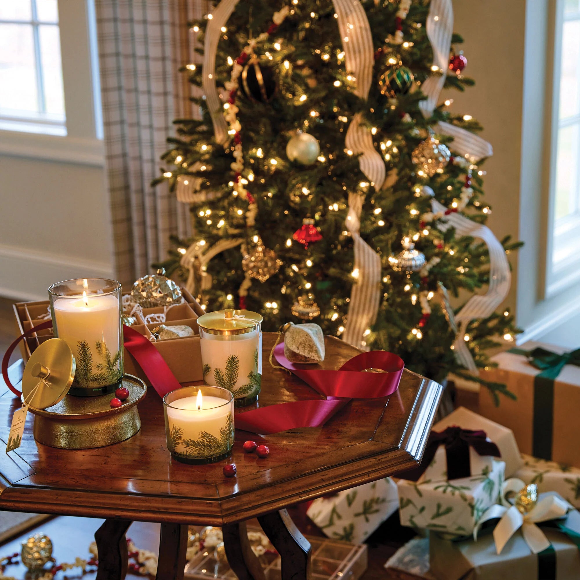 Thymes Frasier Fir in three sizes in front of Christmas Tree