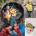 Cast Iron pan in the shape of the state of Wisconsin filled with vegetables on a  grill. smaller picture of Wisconsin pan filled with food on picnic table, and another small picture of Wisconsin pan filled with eggs on a breakfast table.