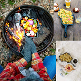 Cast Iron pan in the shape of the state of Wisconsin filled with vegetables on a  grill. smaller picture of Wisconsin pan filled with food on picnic table, and another small picture of Wisconsin pan filled with eggs on a breakfast table.