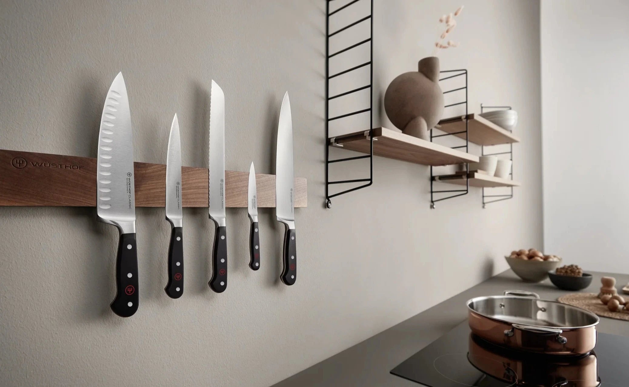 Wusthof 18"Magnabar in Acacia Wood on kitchen wall with Wusthof knives