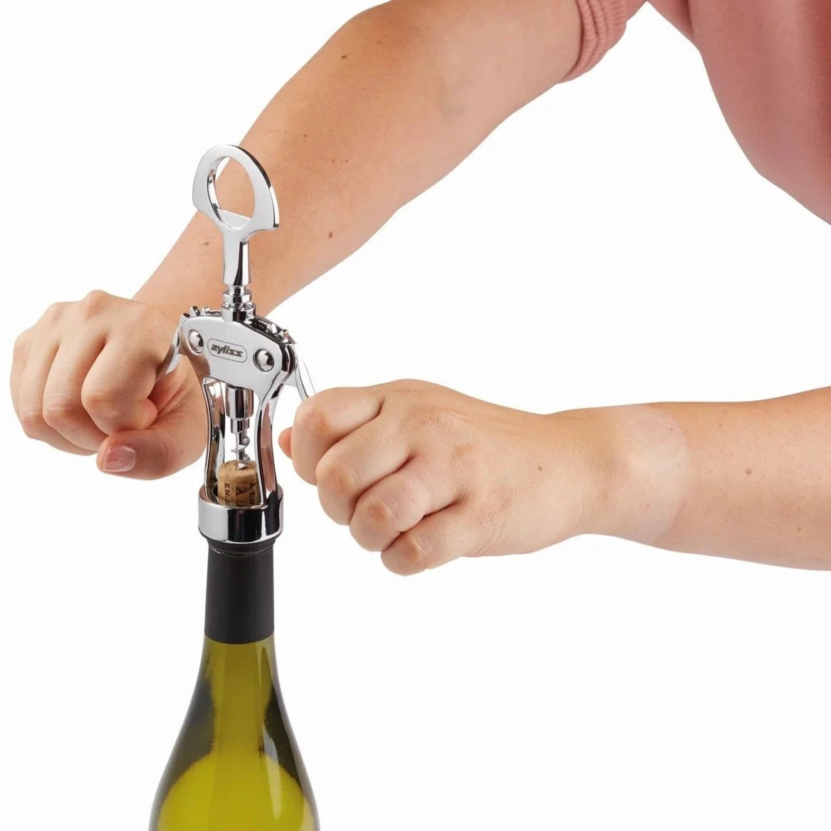 Zyliss Wine Bottle Opener taking cork out of bottle