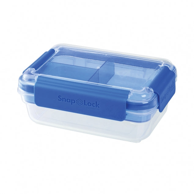 Progressive's Snap Lock Bento box with  blue lid that snaps on.  Container has extra shelf split into two parts.