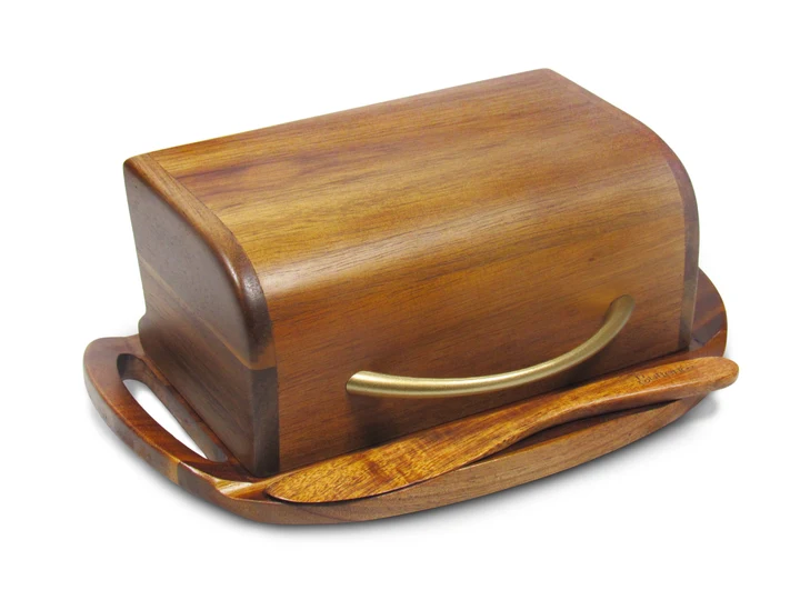 Butterie Butter Dish, Acacia Wood Satin Brass Handle
