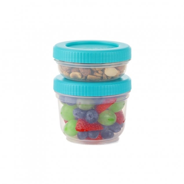 Progressive Snack and Go containers with blue lid-Small - 3/4 cup filled with nuts - Large - 1 1/2 cup filled with fruit