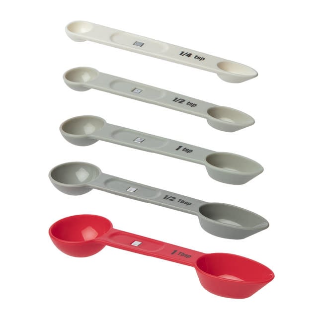  5-Piece Magnetic Measuring Spoon set includes ¼ tsp, ½ tsp, 1 tsp, ½ Tbsp, and 1 Tbsp--separated view