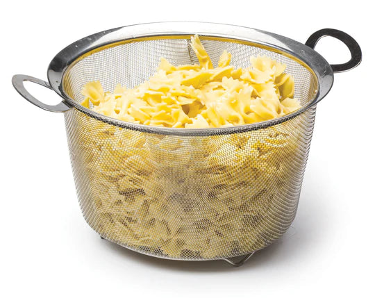 RSVP Wide Rim Mesh Basket filled with pasta