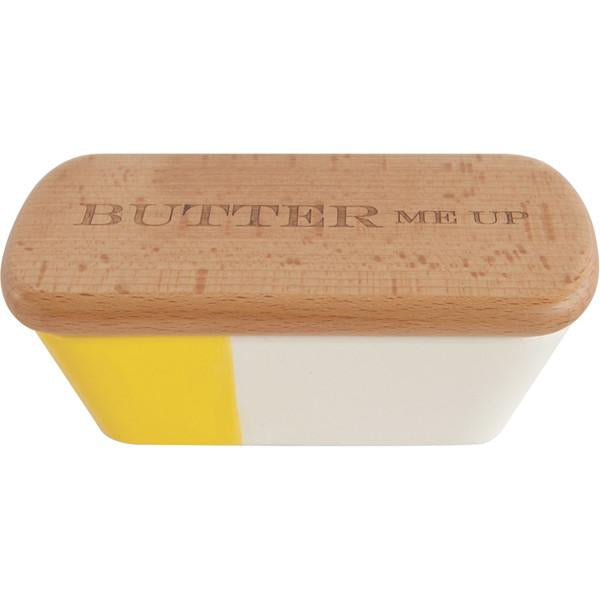 Talisman Ceramic Butter Dish with Wood Lid that reads Butter Me Up