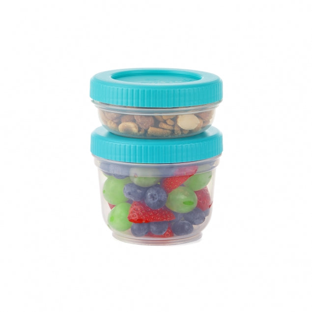 Progressive Snack and Go containers with blue lid-Small - 3/4 cup filled with nuts - Large - 1 1/2 cup filled with fruit