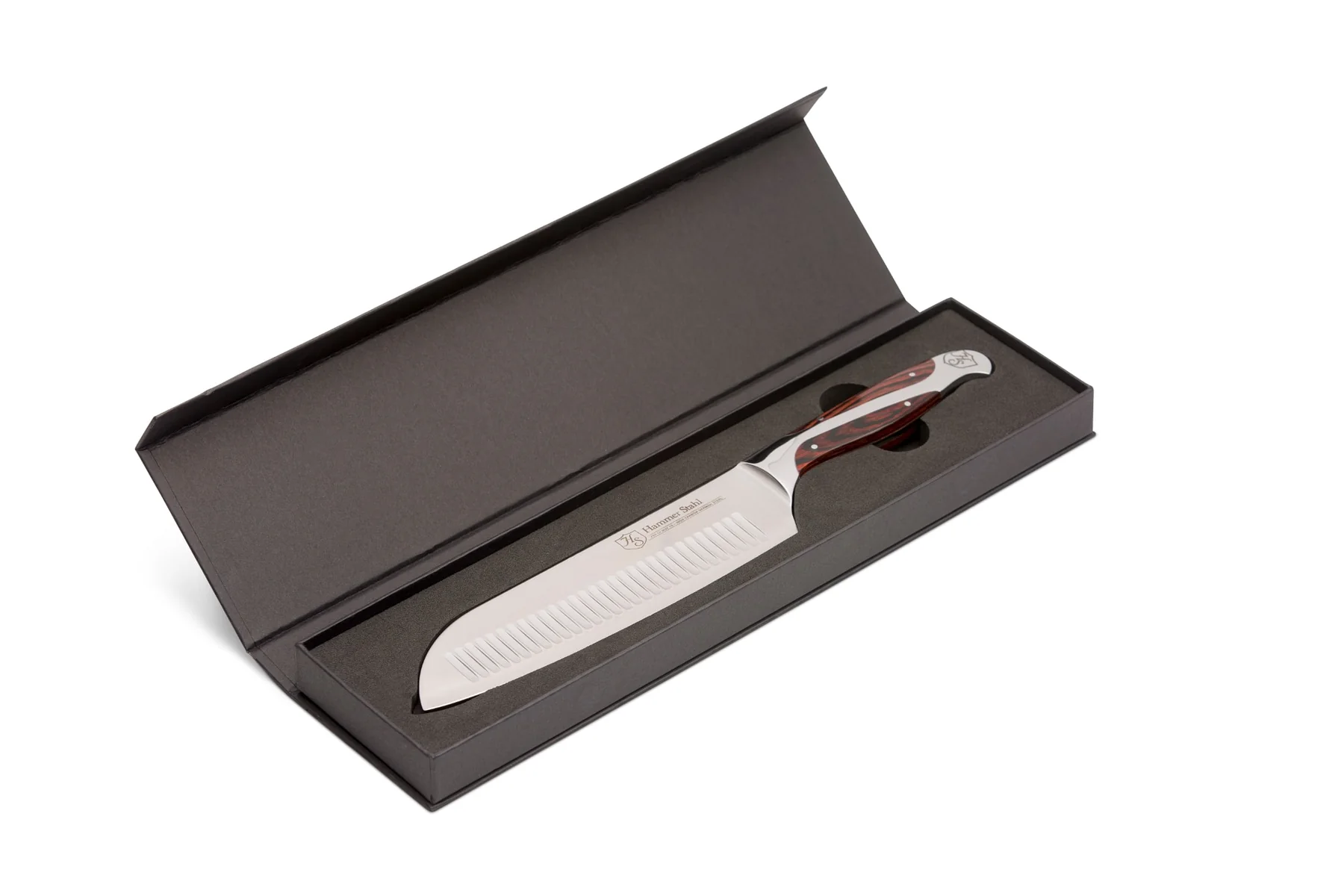 Knife with a wooden handle in a black box on a white background