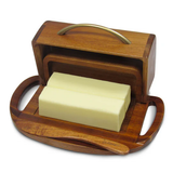 Butterie Butter Dish, Acacia Wood Satin Brass Handle